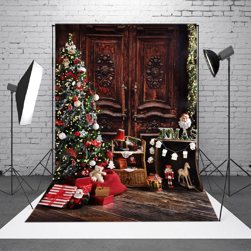 Aperturee - Aperturee Retro Brown Cabinet Xmas Tree Christmas Backdrop