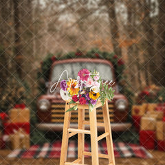 Aperturee - Aperturee Retro Brown Car Gifts Forest Tree Christmas Backdrop