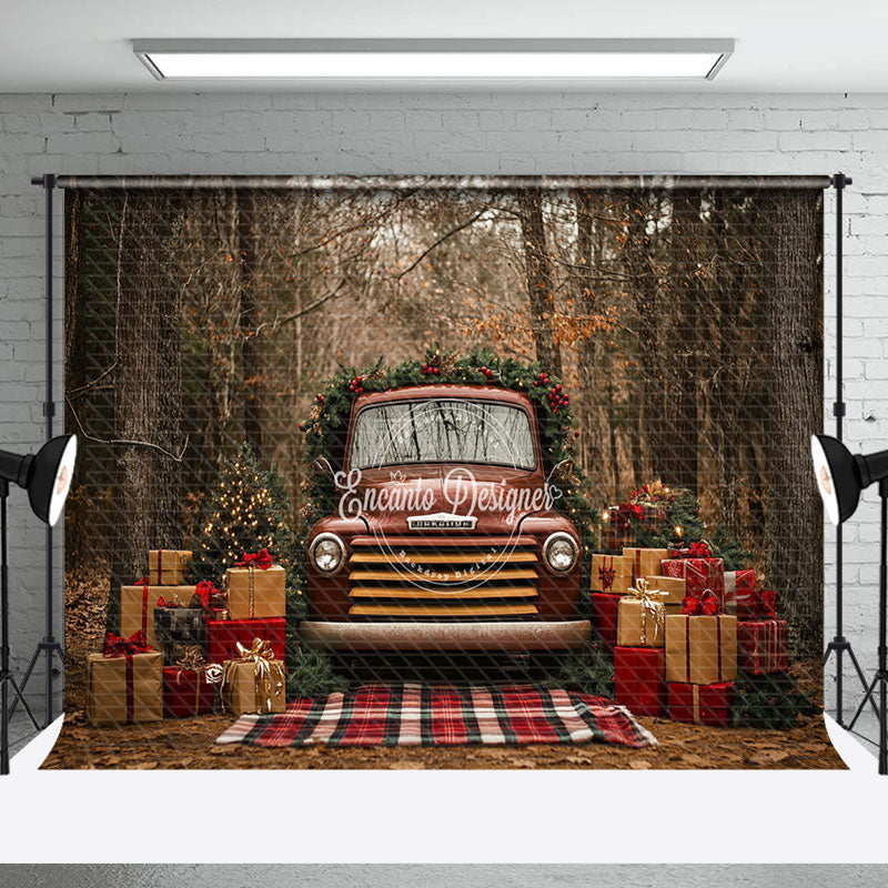 Aperturee - Aperturee Retro Brown Car Gifts Forest Tree Christmas Backdrop