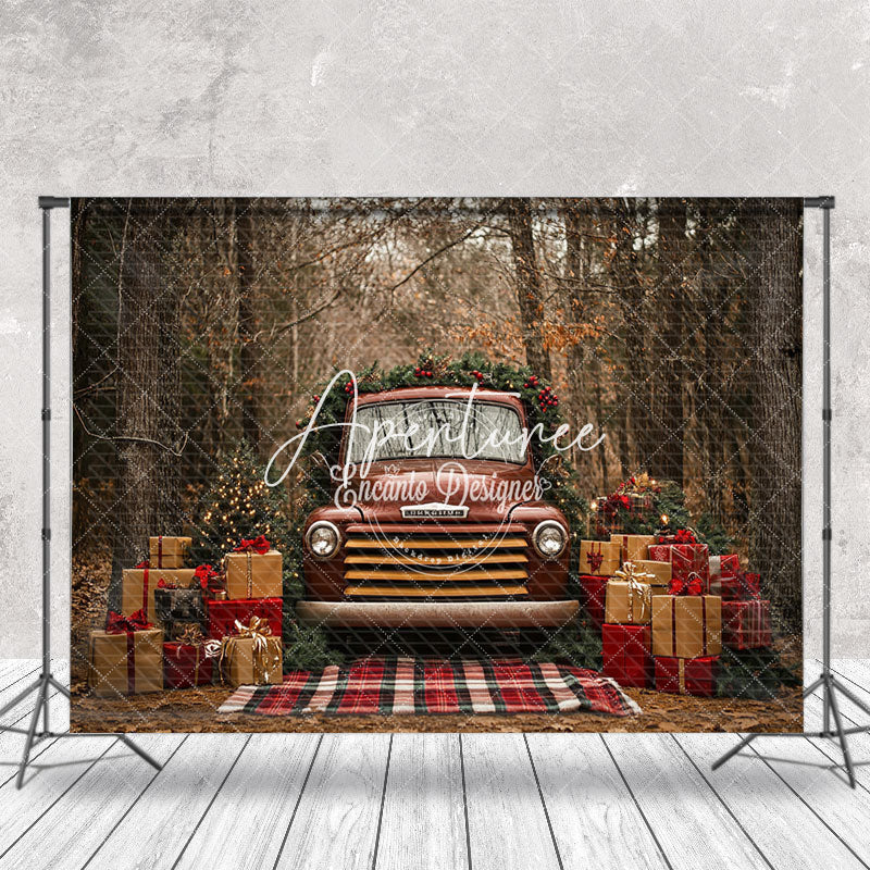 Aperturee - Aperturee Retro Brown Car Gifts Forest Tree Christmas Backdrop