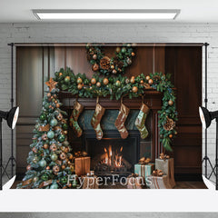 Aperturee - Aperturee Retro Brown Fireplace Tree Gifts Christmas Backdrop