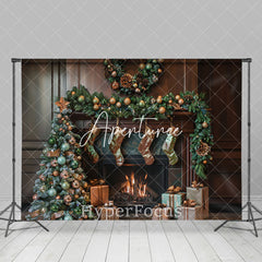 Aperturee - Aperturee Retro Brown Fireplace Tree Gifts Christmas Backdrop