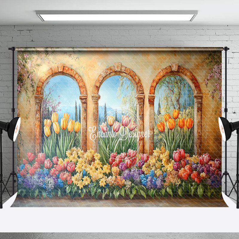 Aperturee - Aperturee Retro Brown Window Colorful Floral Scene Backdrop