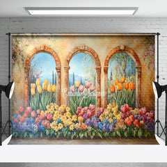 Aperturee - Aperturee Retro Brown Window Colorful Floral Scene Backdrop