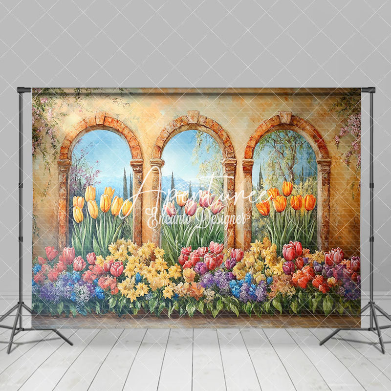 Aperturee - Aperturee Retro Brown Window Colorful Floral Scene Backdrop