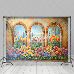 Aperturee - Aperturee Retro Brown Window Colorful Floral Scene Backdrop