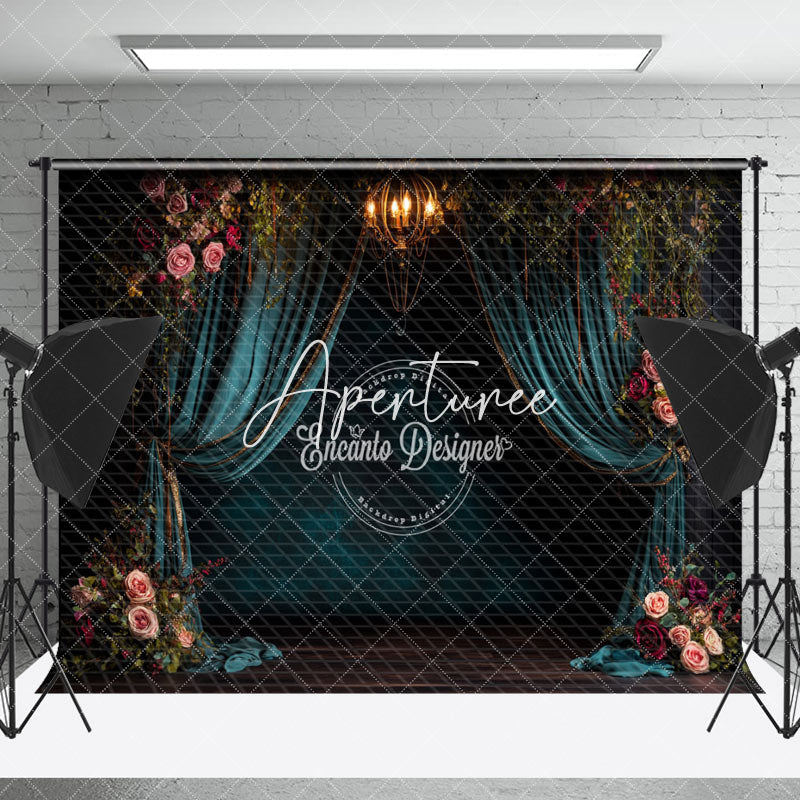 Aperturee - Aperturee Retro Dark Teal Curtain Floral Wedding Photo Backdrop