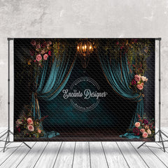 Aperturee - Aperturee Retro Dark Teal Curtain Floral Wedding Photo Backdrop