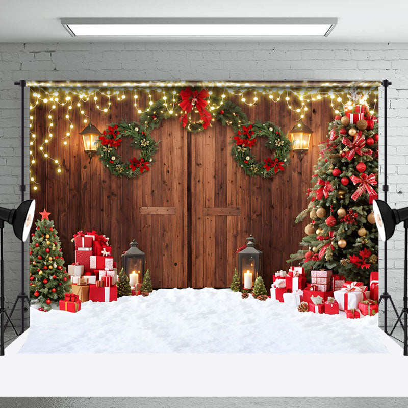 Aperturee - Aperturee Retro Door Pine Wreath Celebrate Christmas Backdrop