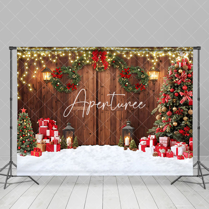 Aperturee - Aperturee Retro Door Pine Wreath Celebrate Christmas Backdrop