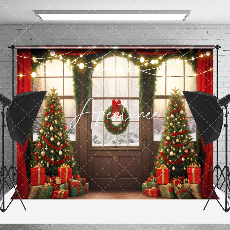 Aperturee - Aperturee Retro Door Snowy Forest Scene Christmas Backdrop