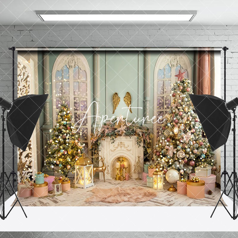 Aperturee - Aperturee Retro Fireplace Green Wall Gold Christmas Backdrop