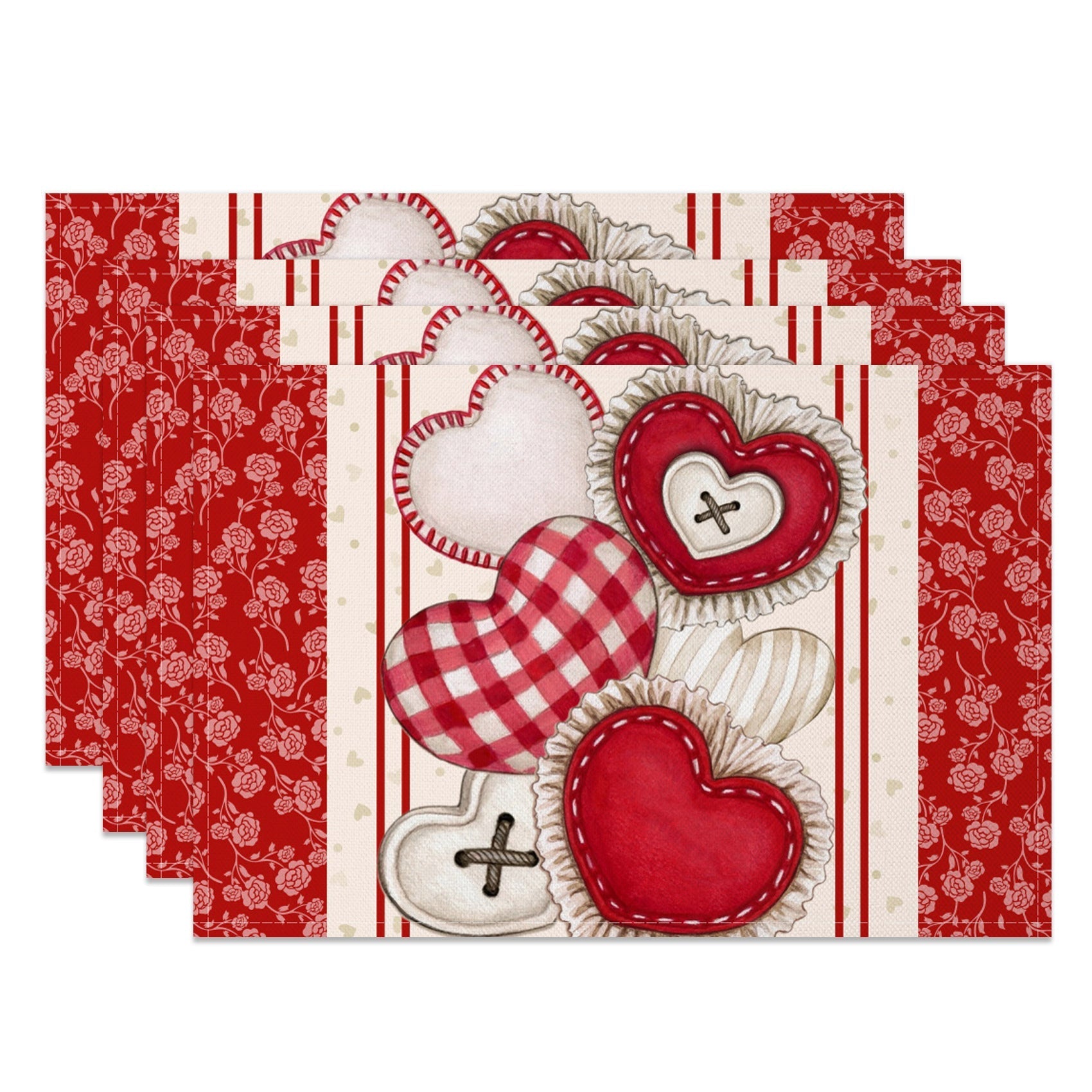 Aperturee - Aperturee Retro Floral Heart Valentines Day Set Of 4 Placemats