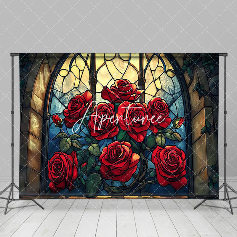 Aperturee - Aperturee Retro Glass Windows Red Rose Valentines Day Backdrop