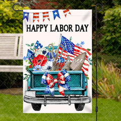 Aperturee - Aperturee Retro Green Car Floral Happy Labor Day Garden Flag