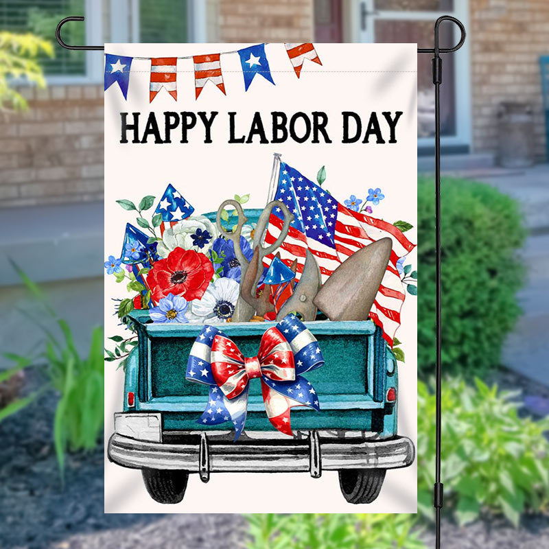 Aperturee - Aperturee Retro Green Car Floral Happy Labor Day Garden Flag