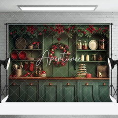 Aperturee - Aperturee Retro Green Kitchen Tree Christmas Room Set Backdrop