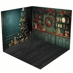 Aperturee - Aperturee Retro Green Kitchen Tree Christmas Room Set Backdrop