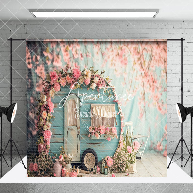 Aperturee - Aperturee Retro Green Motorhome Pink Floral Room Set Backdrop