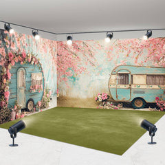 Aperturee - Aperturee Retro Green Motorhome Pink Floral Room Set Backdrop