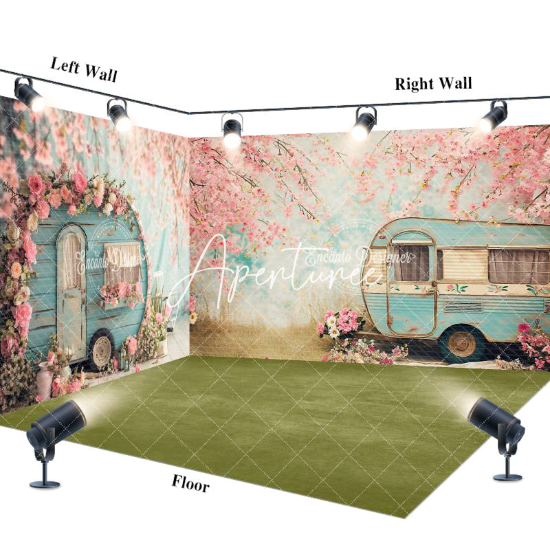 Aperturee - Aperturee Retro Green Motorhome Pink Floral Room Set Backdrop