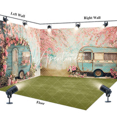 Aperturee - Aperturee Retro Green Motorhome Pink Floral Room Set Backdrop