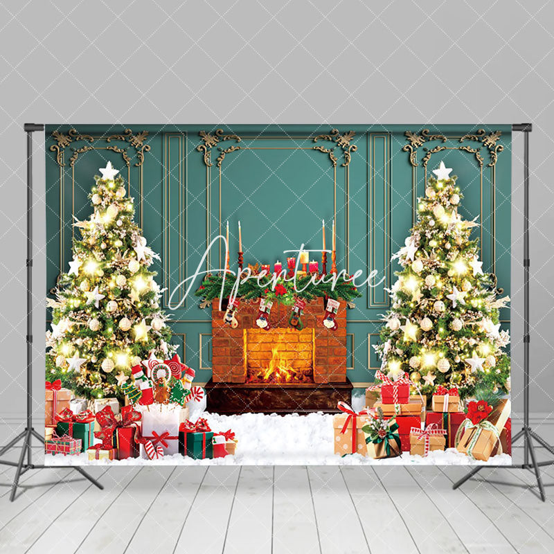 Aperturee - Aperturee Retro Green Wall Fireplace Tree Christmas Backdrop