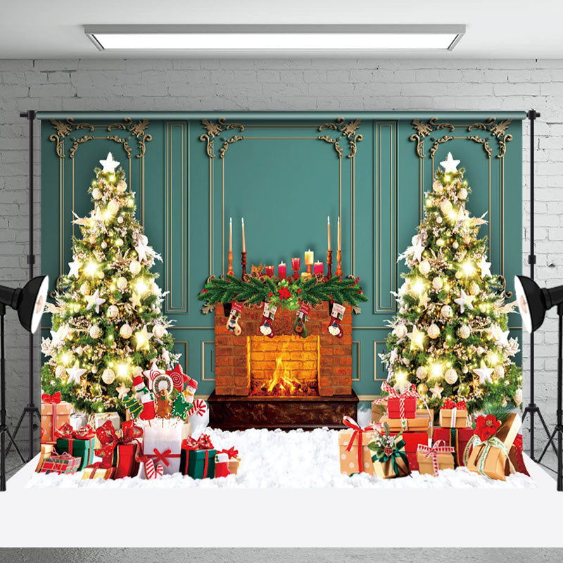 Aperturee - Aperturee Retro Green Wall Fireplace Tree Christmas Backdrop