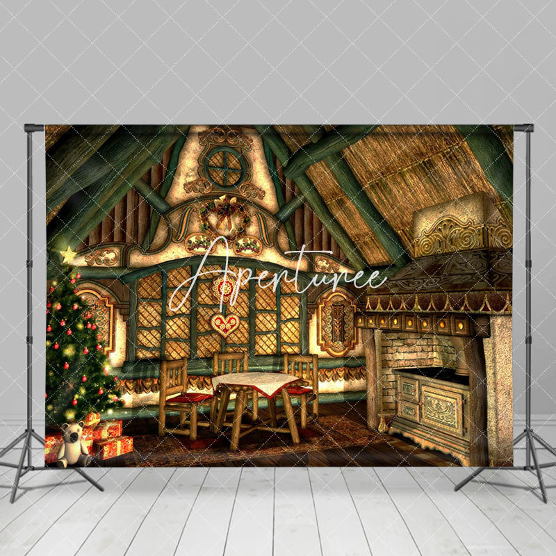 Aperturee - Aperturee Retro Green Wooden House Christmas Vibe Backdrop