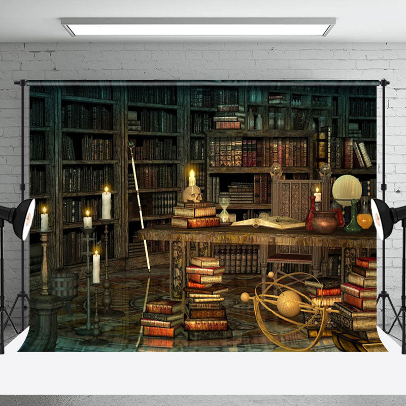 Aperturee - Aperturee Retro Haunted Library Magic Books Halloween Backdrop