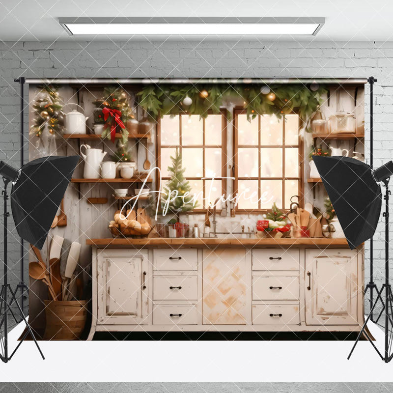 Aperturee - Aperturee Retro Kitchen Pine Leaves Merry Chritsmas Backdrop