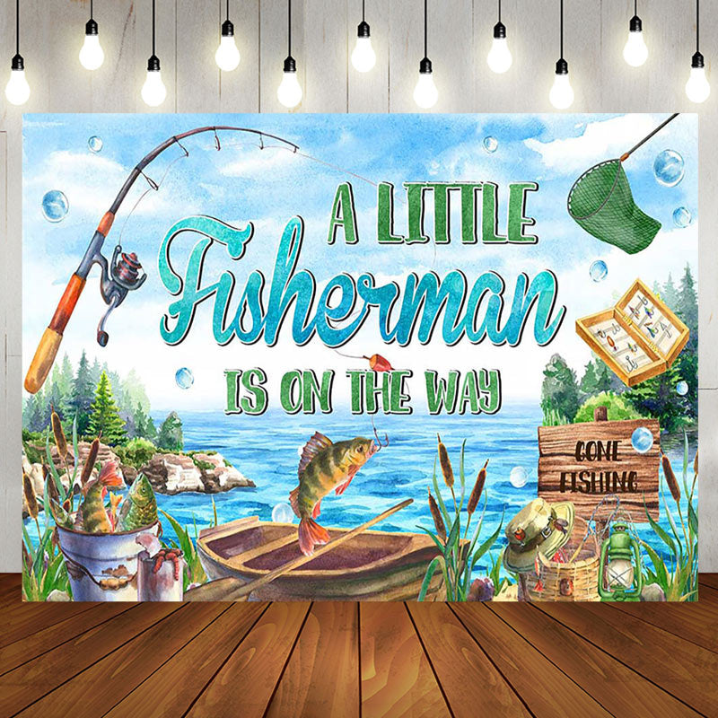 Aperturee - Aperturee Retro Lake Little Fisherman Baby Shower Backdrop