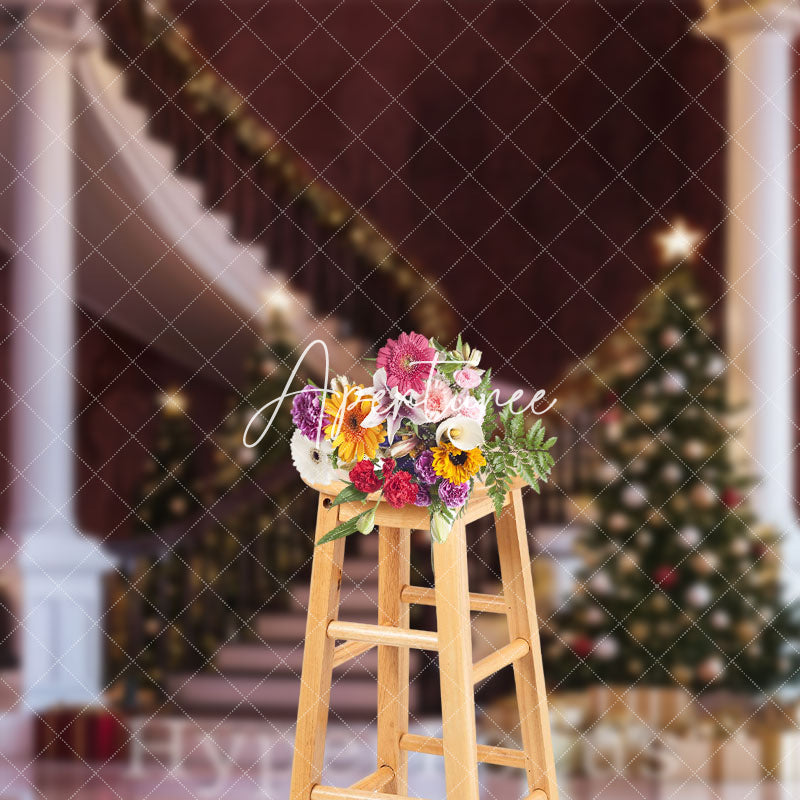 Aperturee - Aperturee Retro Luxury Stairs Tree Gift Christmas Vibe Backdrop