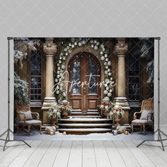 Aperturee - Aperturee Retro Pillar Wreath Door Snow Stair Xmas Backdrop