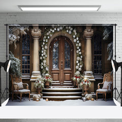 Aperturee - Aperturee Retro Pillar Wreath Door Snow Stair Xmas Backdrop