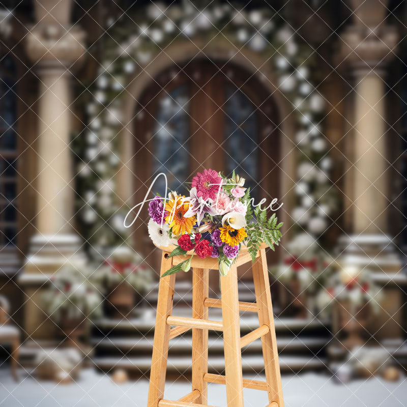 Aperturee - Aperturee Retro Pillar Wreath Door Snow Stair Xmas Backdrop