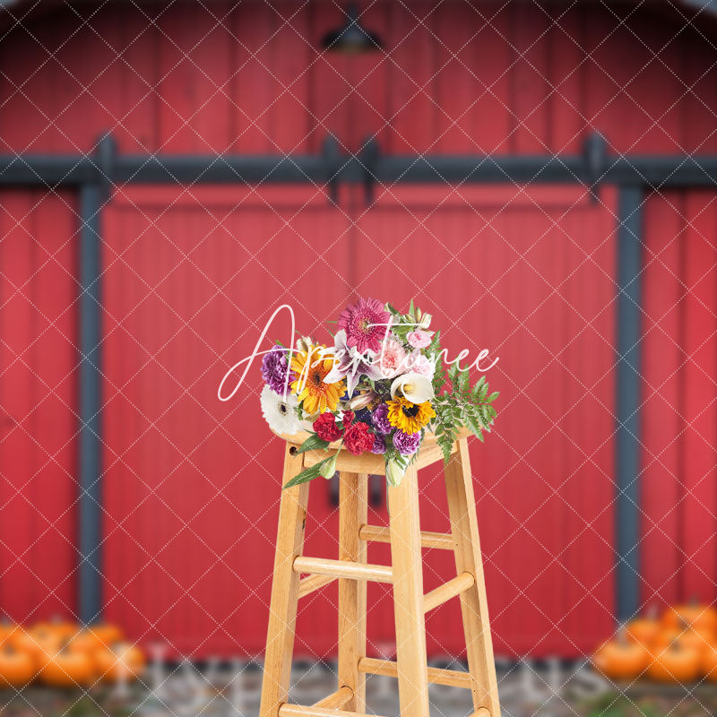 Aperturee - Aperturee Retro Red Barn Door Pumpkins Autumn Photo Backdrop