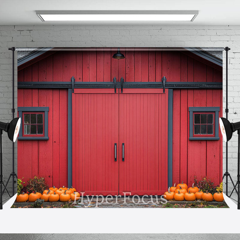 Aperturee - Aperturee Retro Red Barn Door Pumpkins Autumn Photo Backdrop