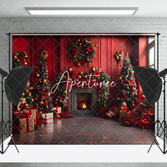 Aperturee - Aperturee Retro Red Room Fireplace Festive Christmas Backdrop