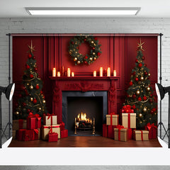 Aperturee - Aperturee Retro Red Wall Fireplace Merry Christmas Backdrop