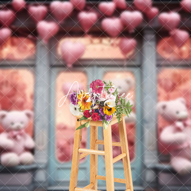 Aperturee - Aperturee Retro Romantic Store Bear Valentines Day Backdrop