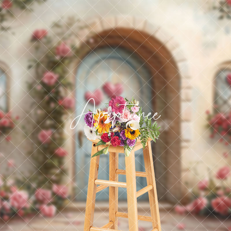 Aperturee - Aperturee Retro Rural House Pink Rose Valentines Day Backdrop