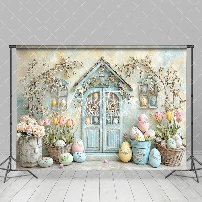 Aperturee - Aperturee Retro Rustic Door Floral Eggs Easter Photo Backdrop