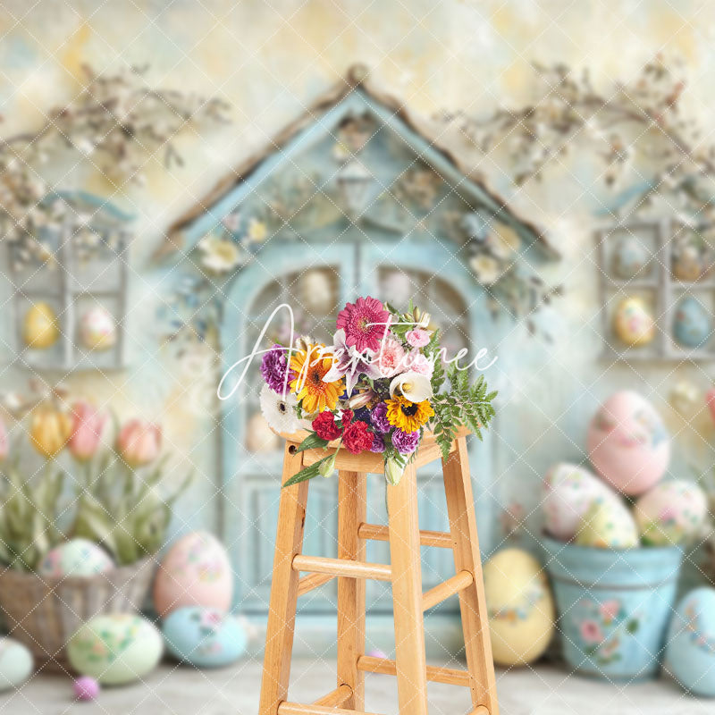 Aperturee - Aperturee Retro Rustic Door Floral Eggs Easter Photo Backdrop