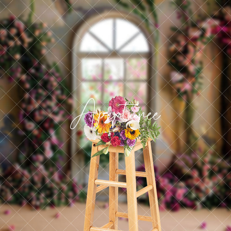 Aperturee - Aperturee Retro Shabby Wall Window Floral Photography Backdrop