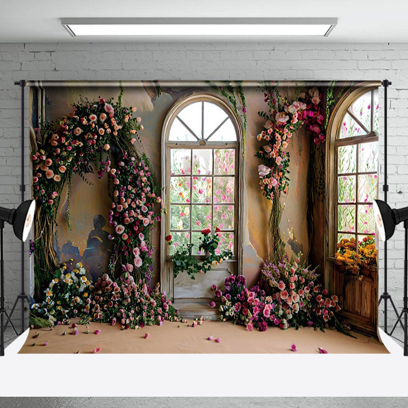 Aperturee - Aperturee Retro Shabby Wall Window Floral Photography Backdrop