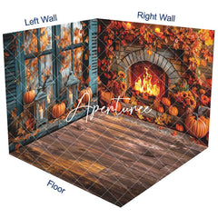 Aperturee - Aperturee Retro Teal Window Fireplace Autumn Room Set Backdrop