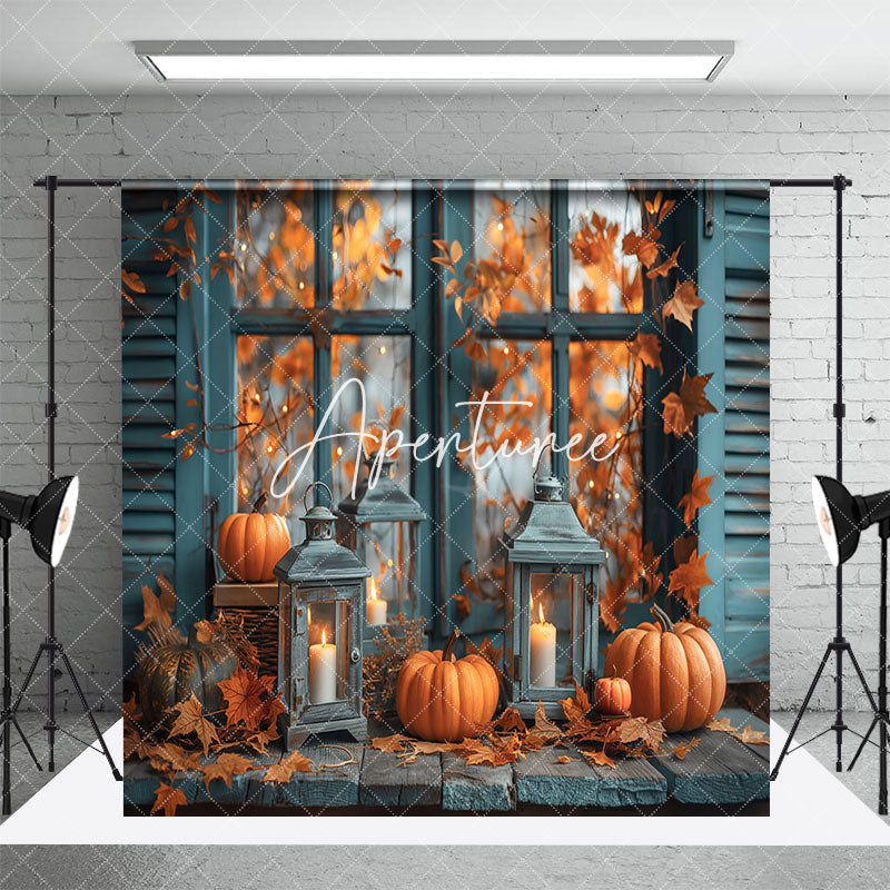 Aperturee - Aperturee Retro Teal Window Fireplace Autumn Room Set Backdrop