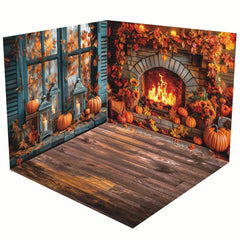 Aperturee - Aperturee Retro Teal Window Fireplace Autumn Room Set Backdrop