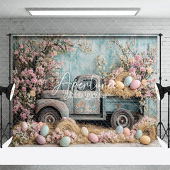 Aperturee - Aperturee Retro Truck Haystack With Eggs Floral Easter Backdrop